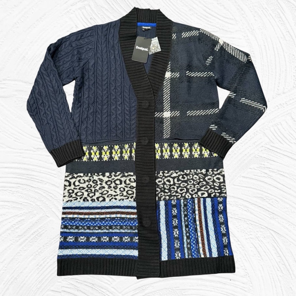 Desigual Cardigan Sweater Med Long Knit Blue Black Abstract Boho Lounge